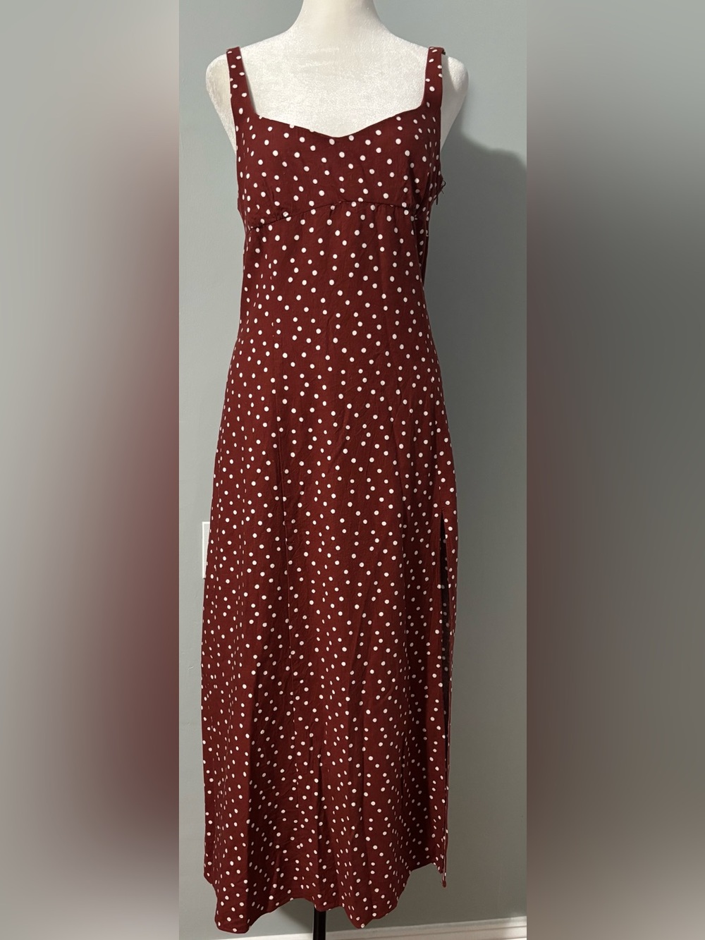 Zara Linen Polka Dot Burgundy Maxi Dress - Women Size L